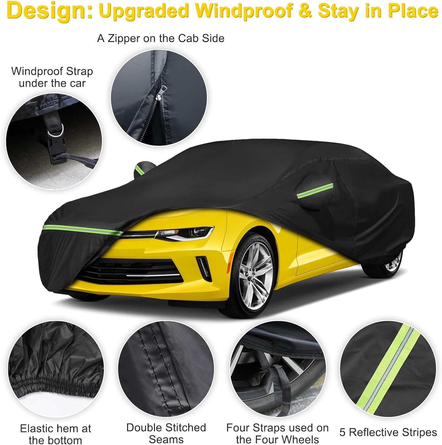 For Camaro Full Car Cover All Weather, Outdoor Car Covers with Zipper and Soft Cotton Lining, Windproof Heavy Duty Waterproof Protection Fit for 2010-2023 Chevy Camaro (Up to 190''L)