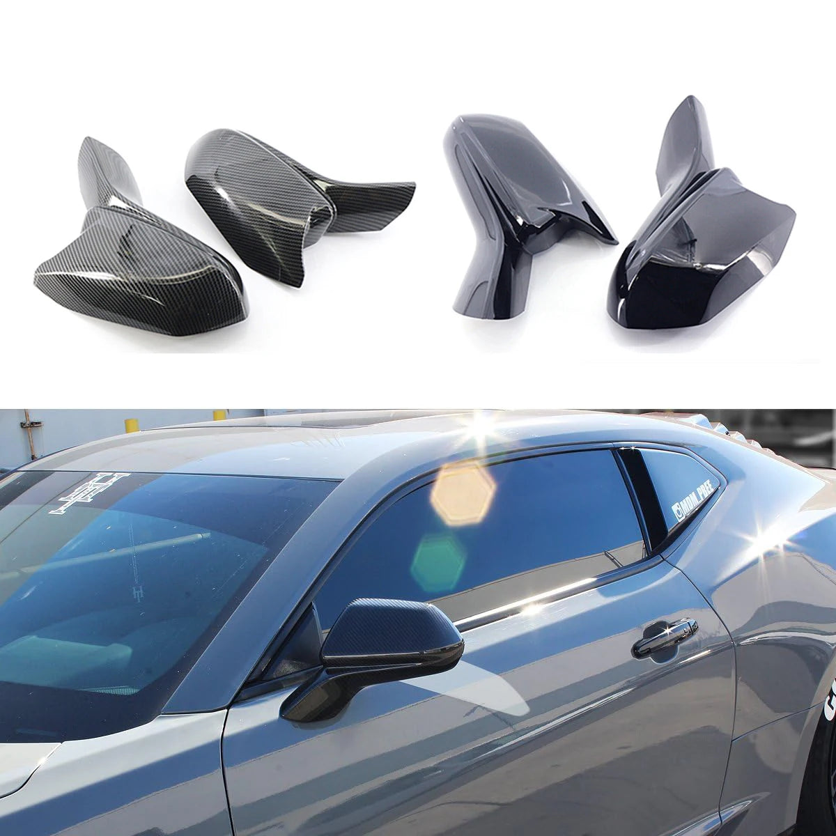 1 Pair Carbon Look/Glossy Black Add-On Side Rearview Wing Mirror Cover Caps for Chevy Camaro SS RS ZL1 LT 2016-2021