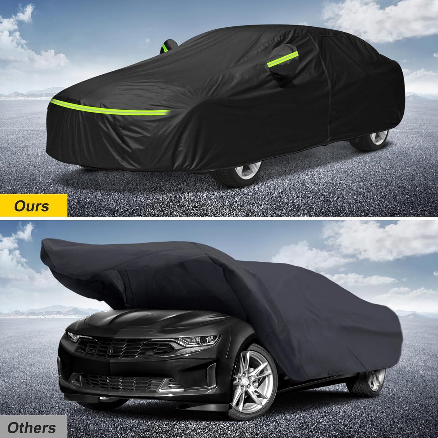 For Camaro Full Car Cover All Weather, Outdoor Car Covers with Zipper and Soft Cotton Lining, Windproof Heavy Duty Waterproof Protection Fit for 2010-2023 Chevy Camaro (Up to 190''L)